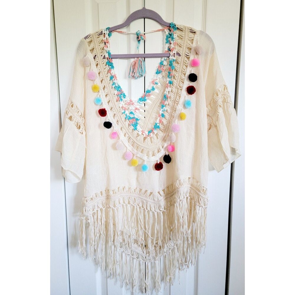Joress M Oversized Southwest Top‎ Hippie Pompom Low Cut Gauze Tan Tassels SS